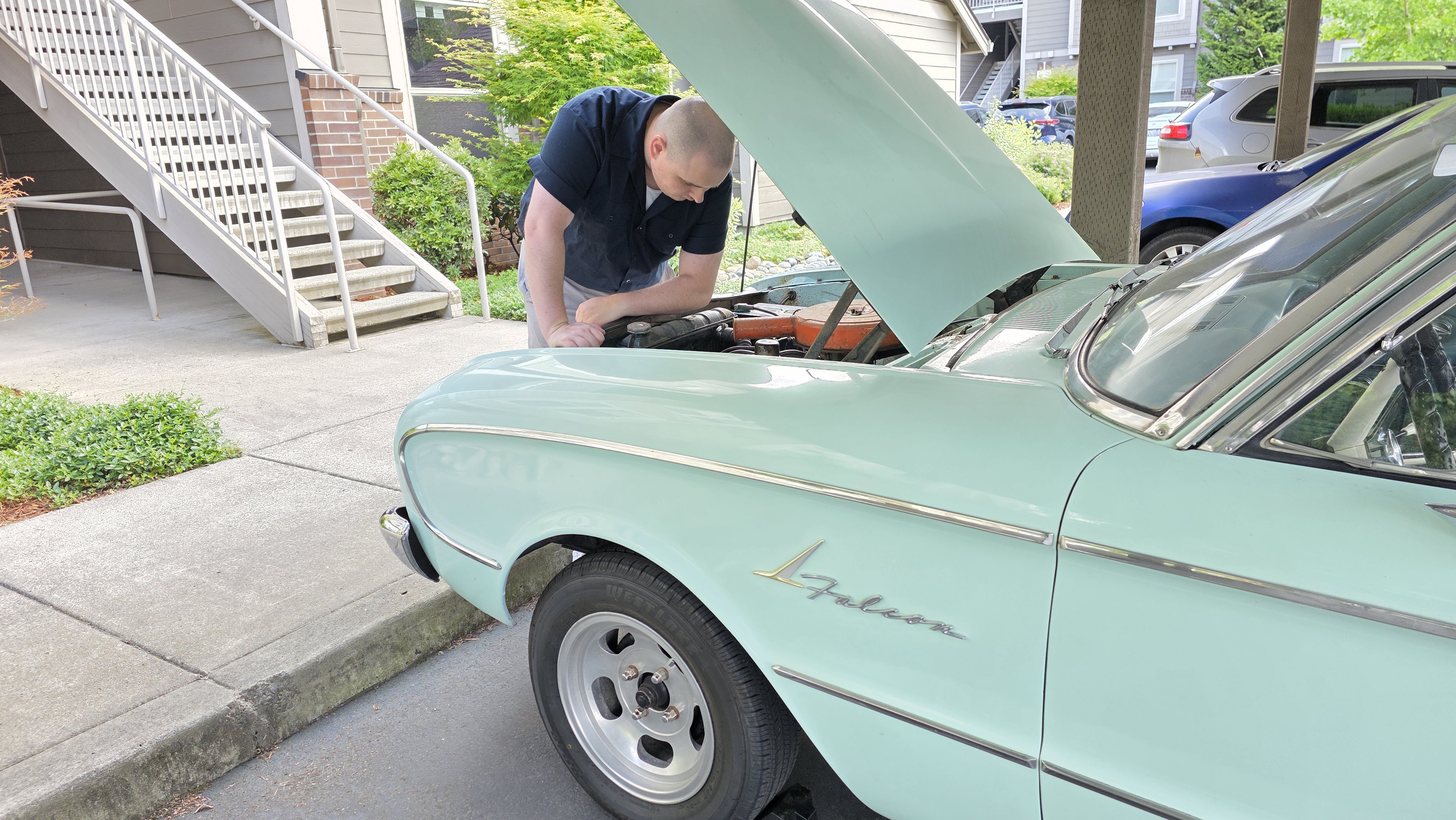 Aaron inspects the 1961 Ford Falcon project - nicknamed Lola!
